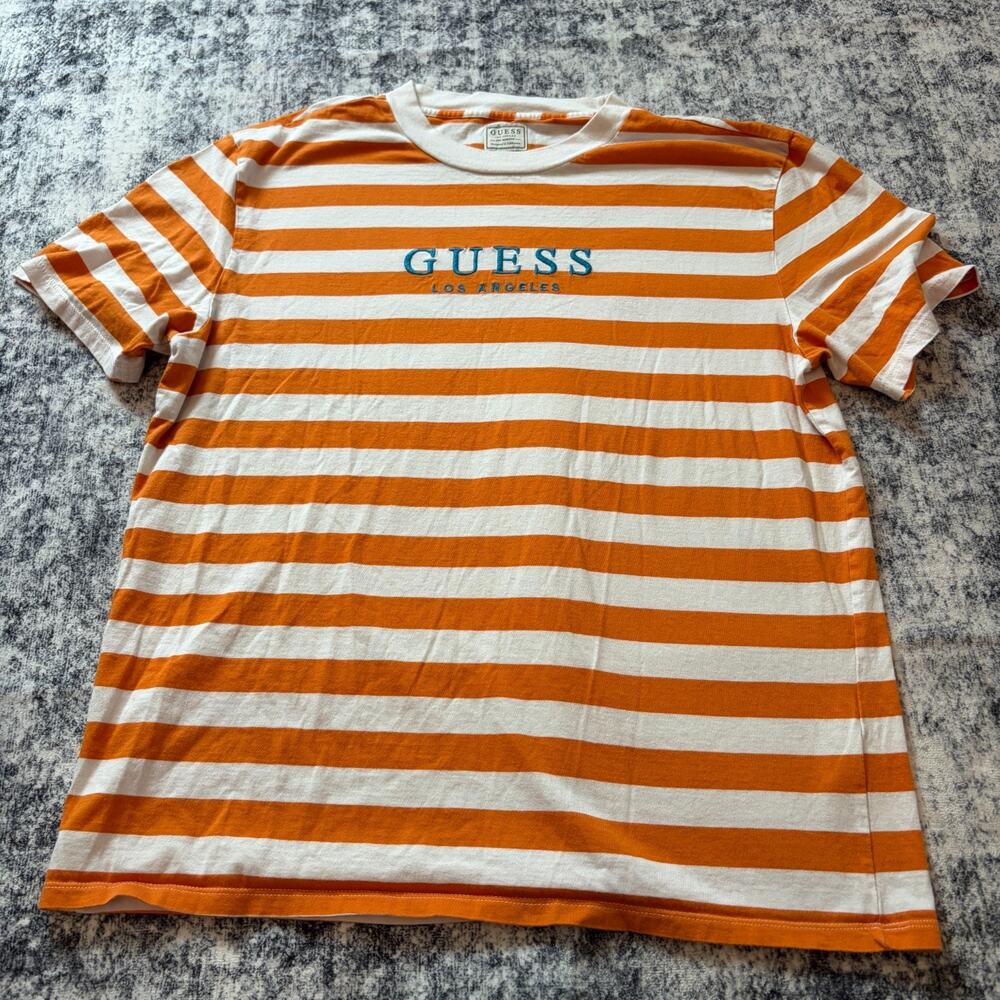 Guess Los Angeles Men's Striped T-Shirt Orange White Embroidered Logo Sz Medium - Picture 2 of 10